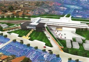 Desain Stasiun Malang Kotabaru tampak belakang, terlihat area lahan parkir. 